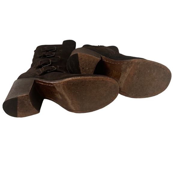 JL J. Litvack Moto Boots Bootie Brown Suede Four Buckle Chunky Stacked Heel - Picture 12 of 16